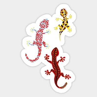 Colourful happy geckos on blue grass Sticker